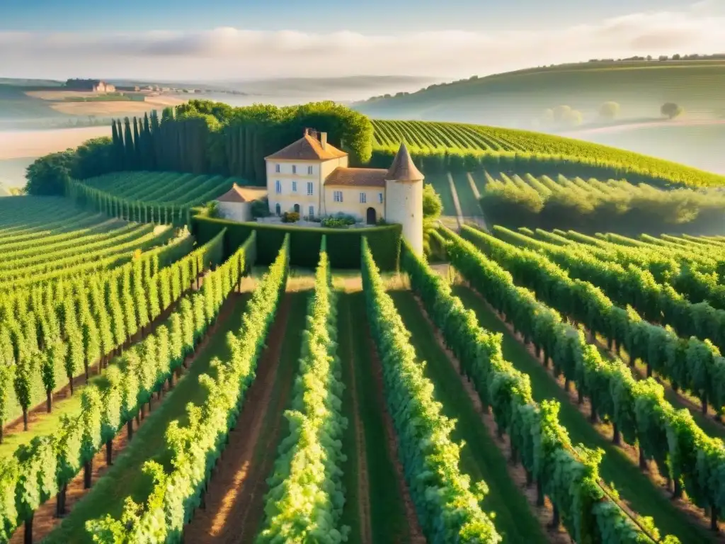 Un paisaje cautivador de viñedos en la región de Burdeos, con el sol dorado iluminando las uvas verdes