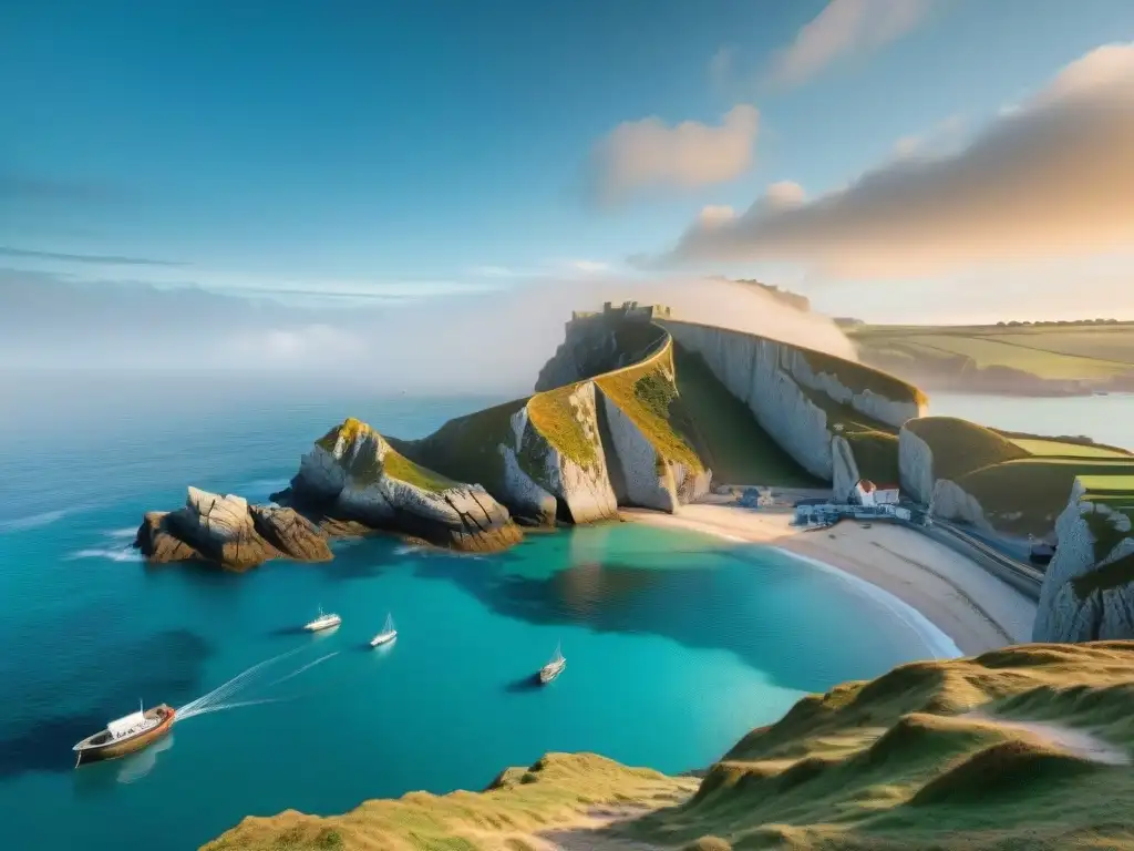 Paisaje costero en Bretaña, Francia, con barco de pesca tradicional y redes, seagulls y atardecer dorado, gastronomía francesa mar Bretaña