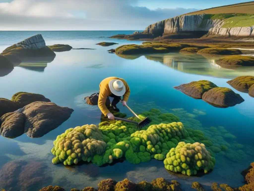 Un paisaje detallado de la costa bretona durante la marea baja con algas comestibles y un recolector tradicional de algas en Bretaña