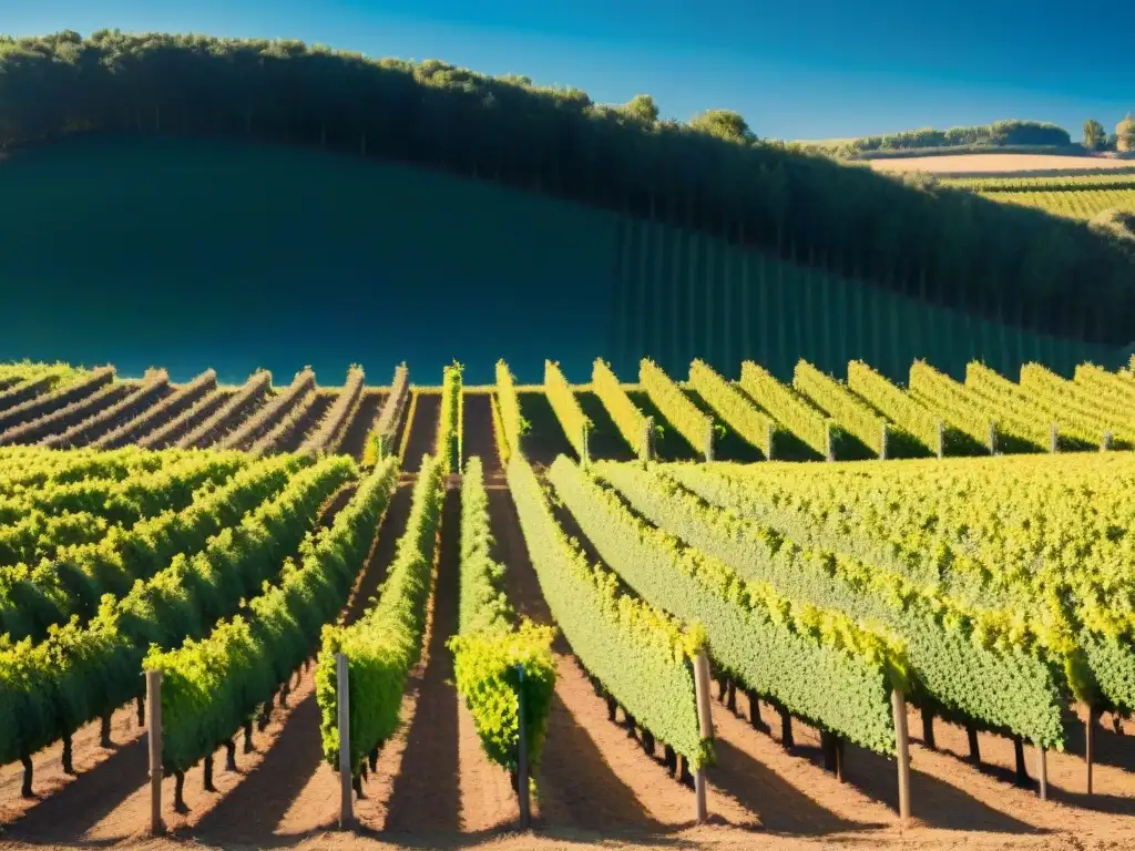 Un paisaje detallado de un viñedo francés en el sur de Languedoc, con trabajadores y viñedos verdes bajo el cielo azul