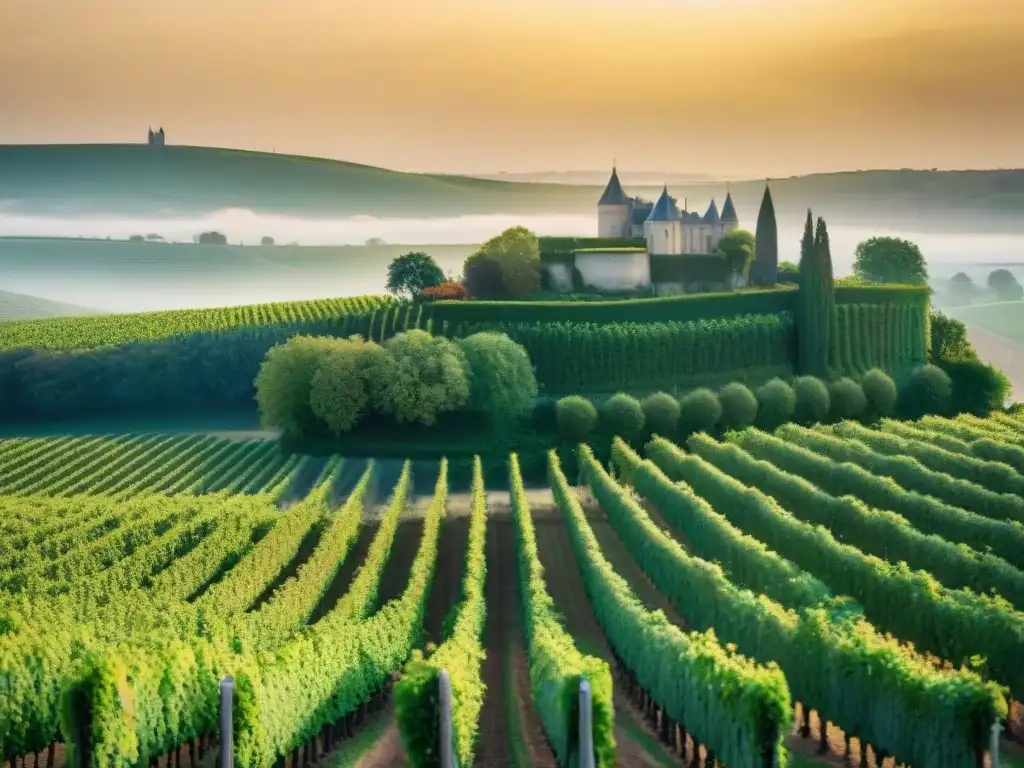 Un paisaje detallado de los viñedos de Burdeos, Francia, bajo el cálido sol dorado, con un château francés tradicional al fondo