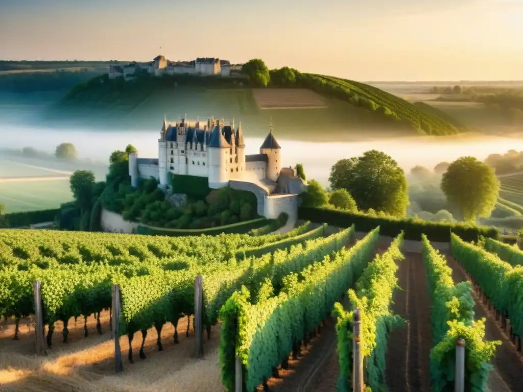 Un paisaje dorado de la región vinícola del Valle del Loira, con viñedos exuberantes y un majestuoso château al fondo