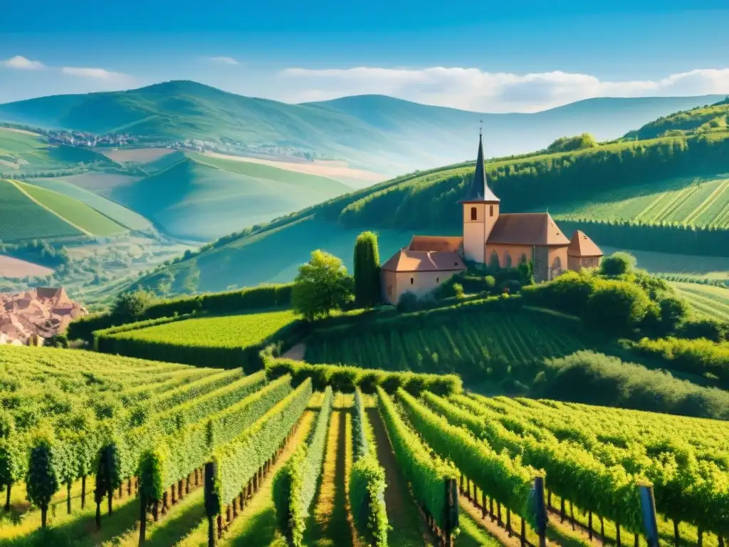 Paisaje encantador de viñedos en Alsacia con la Ruta del Vino de Alsacia en primer plano, bajo un cielo azul claro