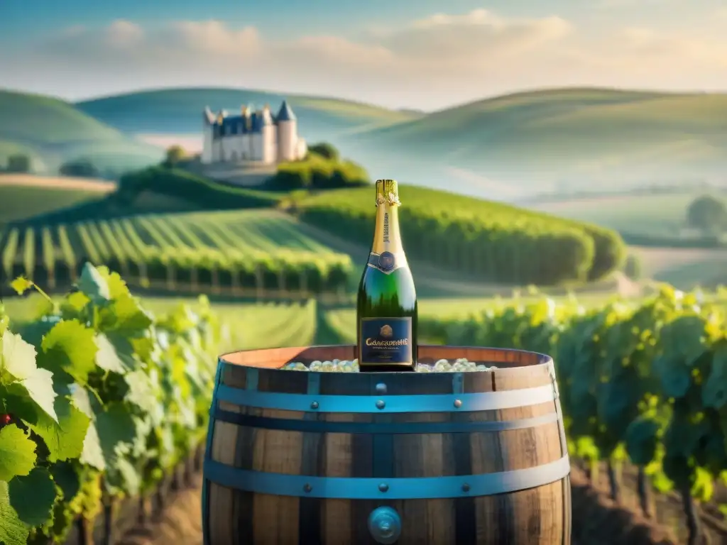 Un paisaje encantador de viñedos en la región de Champagne, con barril de vino y chateau al fondo