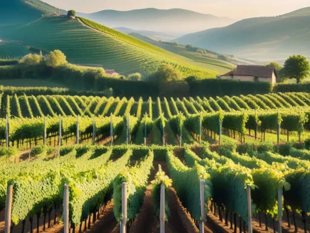 Viñedos dorados de Alsacia: el arte de la viticultura tradicional Un paisaje de ensueño en Alsacia, Francia, bañado por la cálida luz dorada