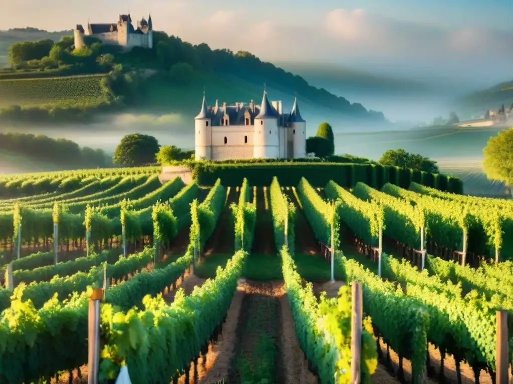 Un paisaje de ensueño en el Valle del Loira con viñedos verdes, un castillo al fondo y la palabra clave Gastronomía francesa Loira castillos vinos