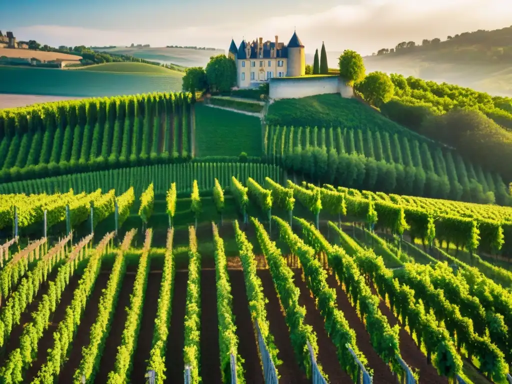 Un paisaje de ensueño de viñedos en la campiña francesa, con vides verdes y una bodega histórica al fondo