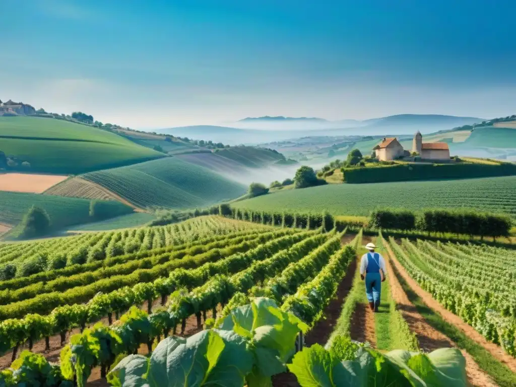 Idílico paisaje francés: agricultura sostenible y belleza natural Paisaje francés con métodos agrícolas sostenibles en Francia: colinas verdes, viñedos, huertos y un granjero trabajando en vegetales orgánicos