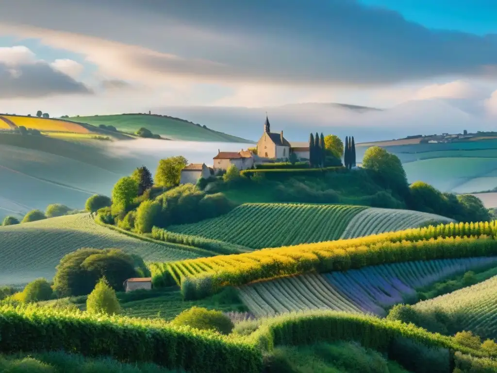 Paisaje francés exuberante con viñedos verdes y flores silvestres, un pueblo tradicional y cielo azul