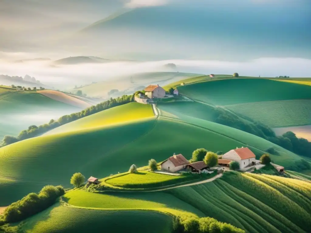 Paisaje francés con granjas de queso artesanales y aldeas, reflejando la tradición de los Quesos franceses tradicionales variedad regiones