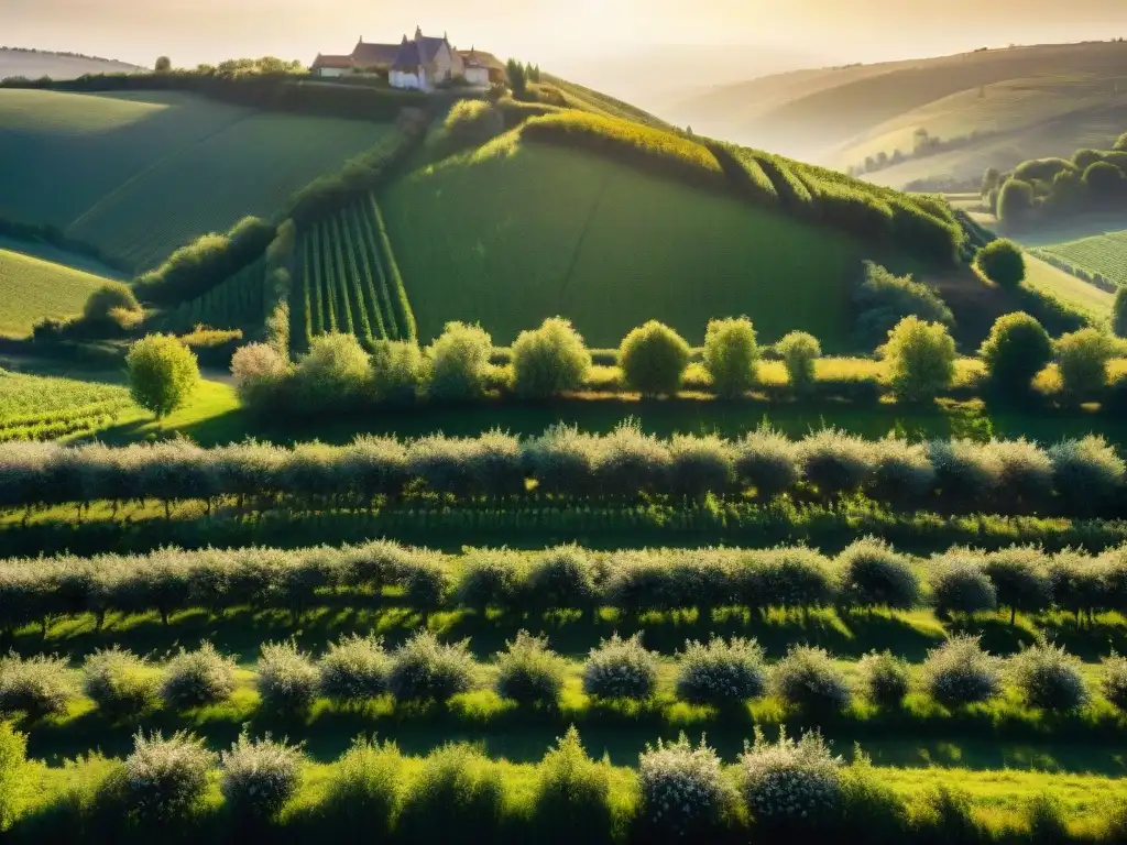 Un paisaje francés idílico con un huerto de manzanos, casas rurales y colinas, ideal para maridaje sidras francesas comidas