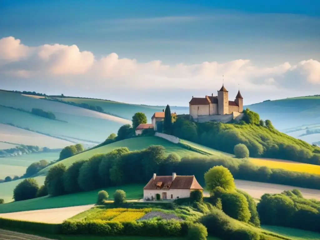 Paisaje francés en Lorraine con granja tradicional, campos floridos y castillo al fondo