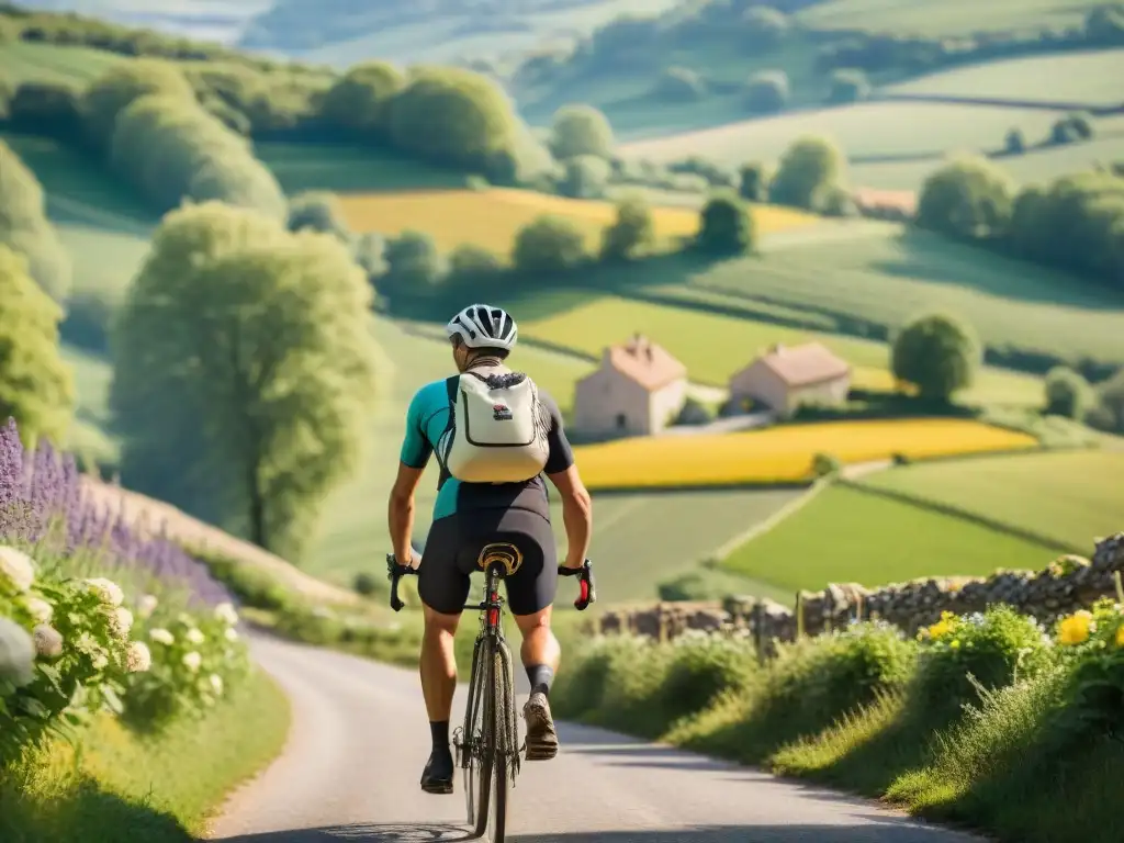 Un paisaje francés pintoresco con ciclistas en la Ruta del queso francés en bicicleta