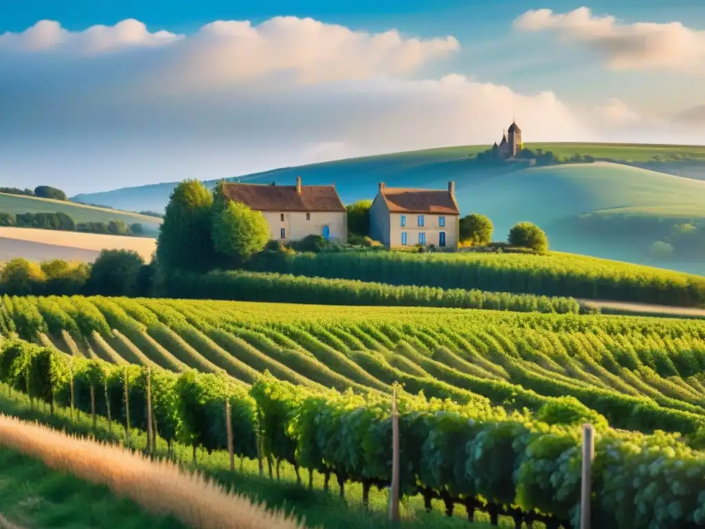 Paisaje francés pintoresco con viñedos verdes, casa de campo y cervecería histórica