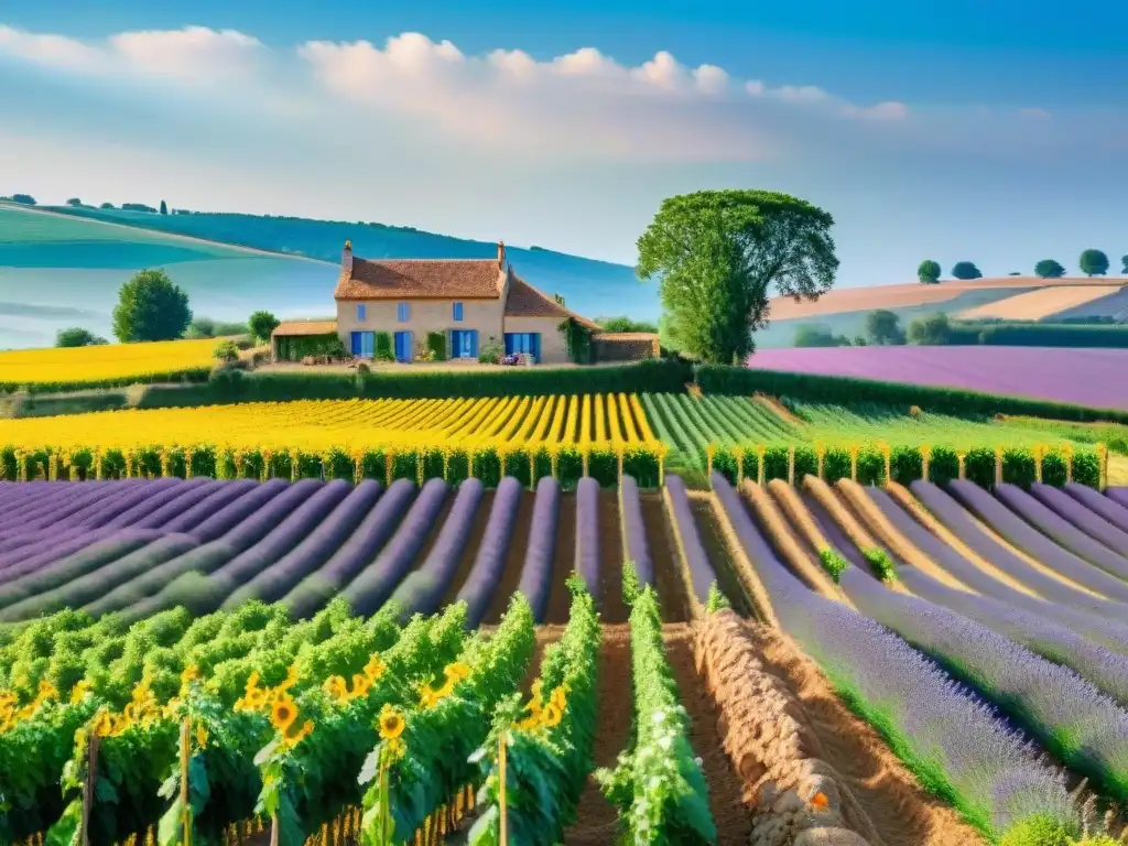 Un paisaje francés pintoresco con viñedos, girasoles y lavanda bajo un cielo azul, mostrando la herencia agrícola francesa sostenible