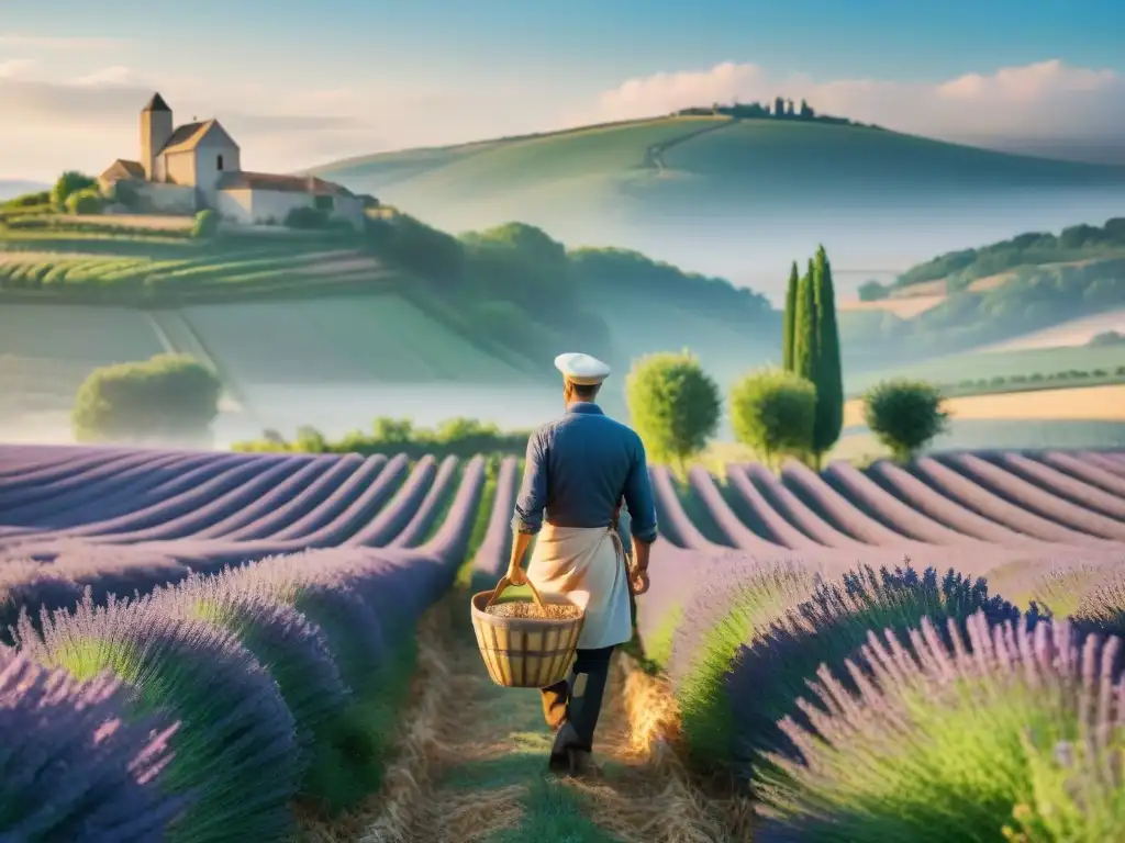 Un paisaje francés pintoresco con viñedos, campos de lavanda y granjas de piedra