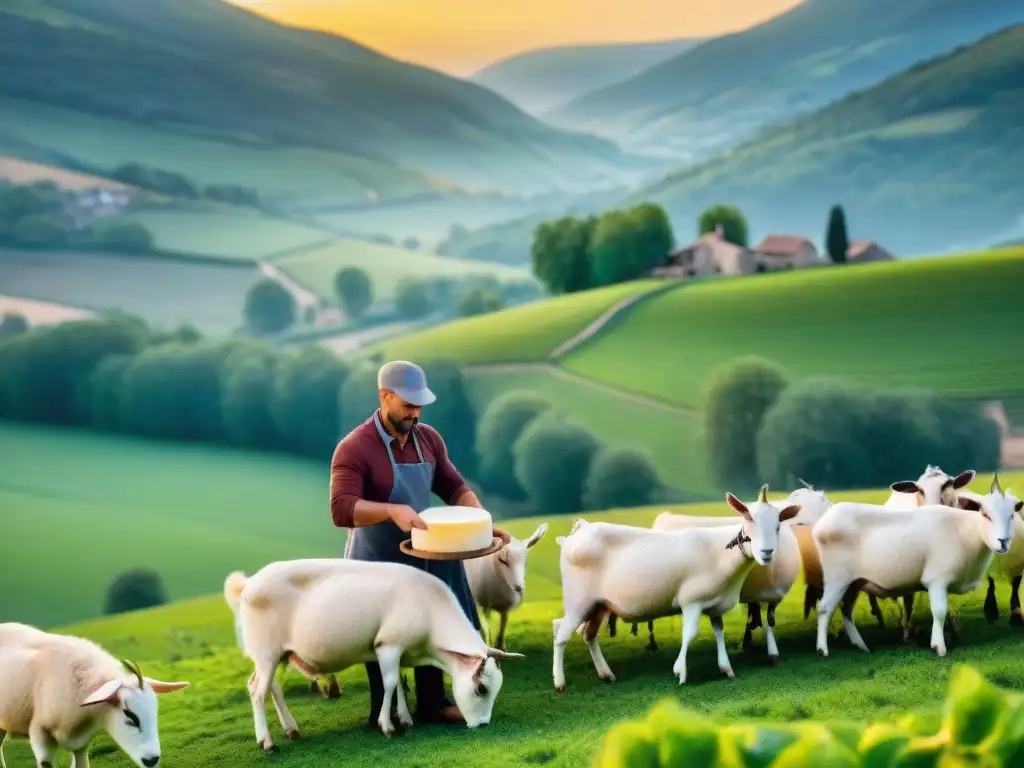 Un paisaje francés rústico con cabras pastando, granjas de piedra y un quesero elaborando Quesos de cabra franceses tradicionales al atardecer