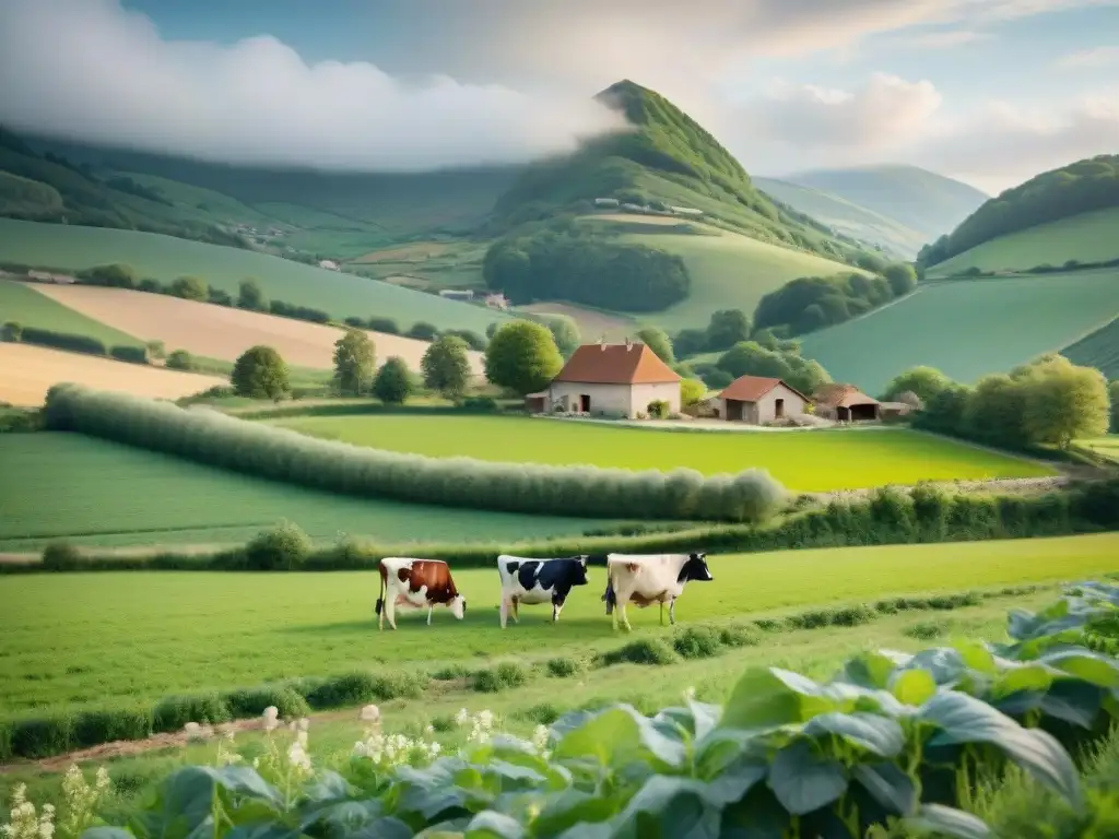 Paisaje francés con vacas pastando en granjas tradicionales, reflejando la producción quesera permacultura en Francia