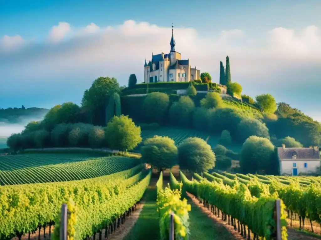 Viñedos franceses: tradición y sostenibilidad Paisaje francés con viñedos, chateau histórico y agricultores en Métodos agrícolas sostenibles en Francia