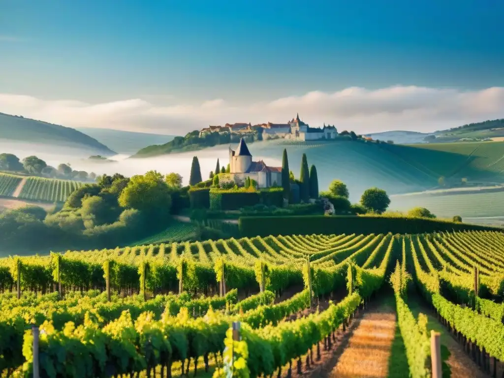 Un paisaje francés de viñedos verdes bajo el sol, con un chateau en la distancia