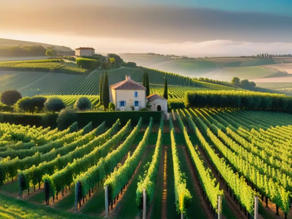 Un paisaje hipnótico de viñedos infinitos en las colinas de Burdeos al atardecer