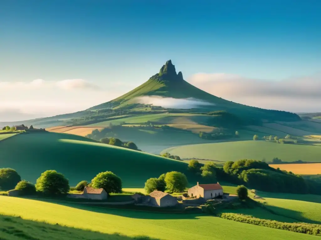 Paisaje idílico de Auvernia con colinas verdes, granjas de piedra y vacas pastando