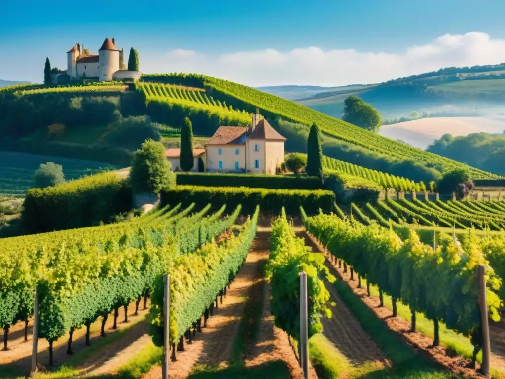 Un paisaje idílico de una bodega en la campiña francesa durante la temporada de vendimia