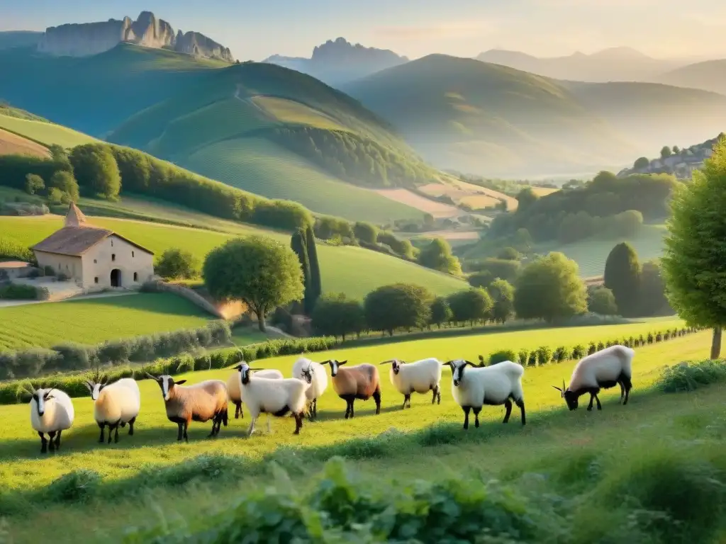 Paisaje idílico de la campiña francesa con cabras alpinas pastando