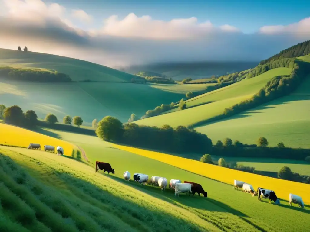 Paisaje idílico de una granja lechera tradicional en la región de Jura con vacas Montbéliarde pastando en un prado verde exuberante