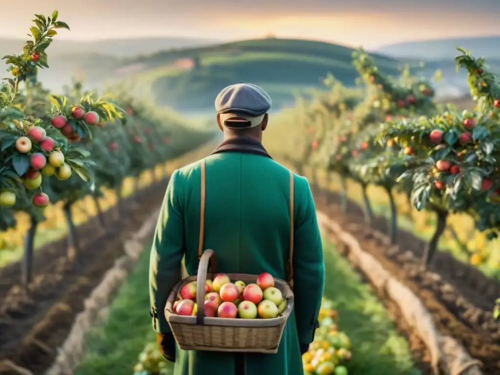 Un paisaje idílico de una huerta de cidros francesa en plena cosecha, con trabajadores recolectando manzanas a mano
