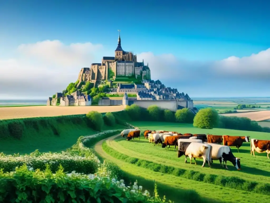 Paisaje idílico de Normandía con colinas verdes, vacas pastando y Mont Saint-Michel al fondo