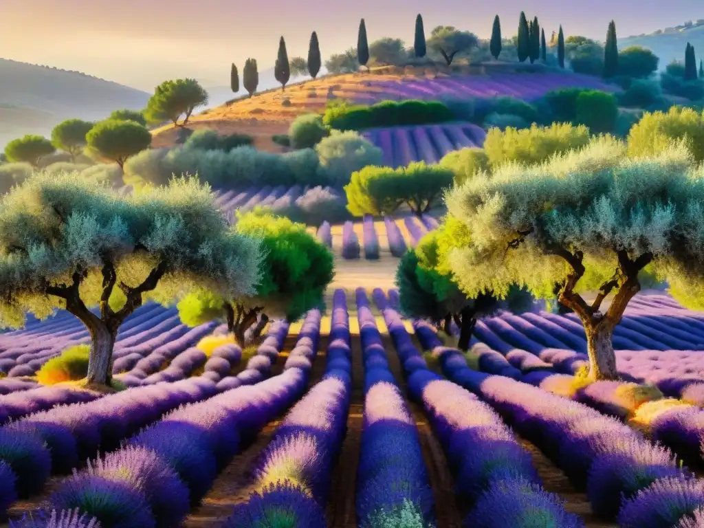 Un paisaje idílico de un olivar provenzal al amanecer, con olivos centenarios bañados por la suave luz dorada, campos de lavanda y una casa de piedra