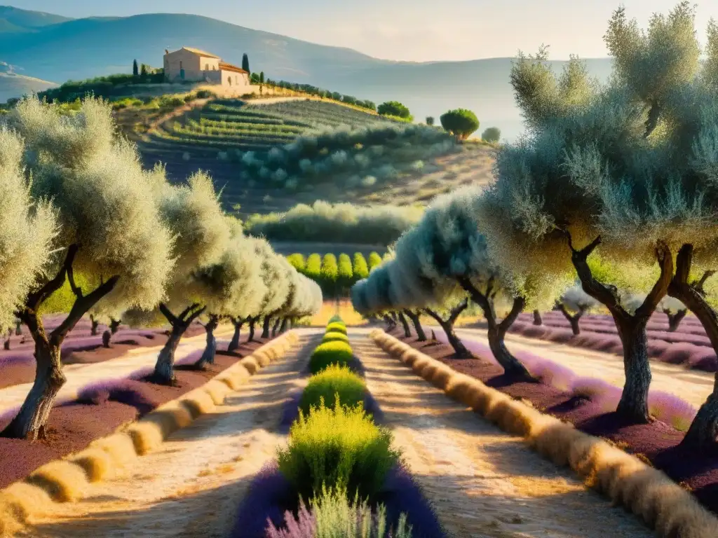 Un paisaje idílico de un olivar en Provenza, Francia, con olivos cargados de aceitunas madurando bajo el sol dorado