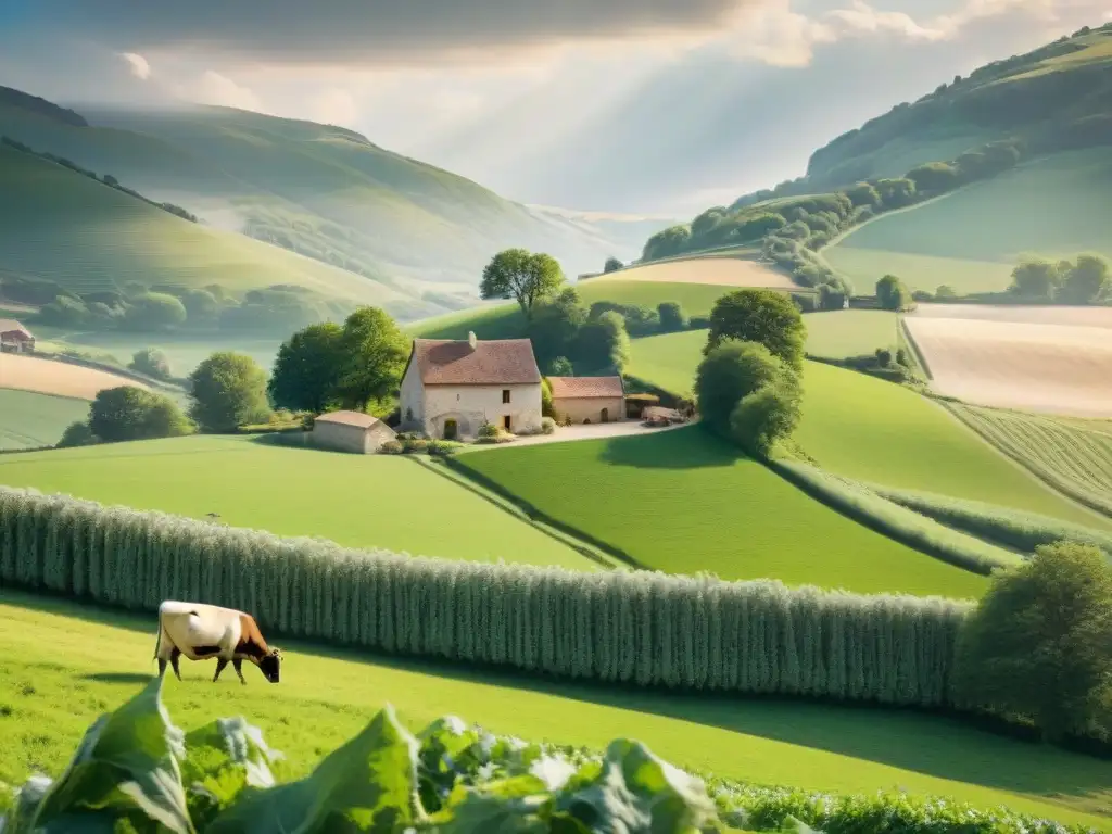 Paisaje francés idílico con vacas pastando y granja de piedra, evocando la protección del auténtico queso francés AOC