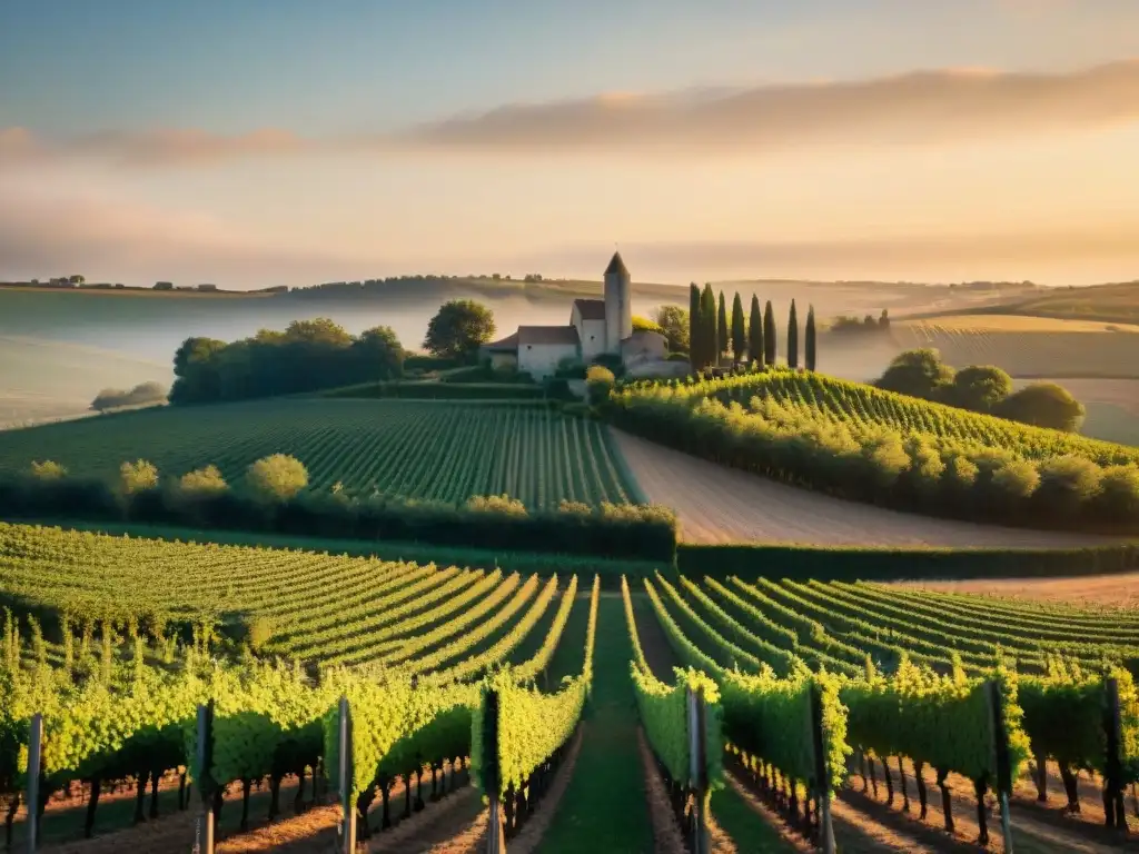 Un paisaje idílico de un viñedo al atardecer en Francia, con un viticultor trabajando