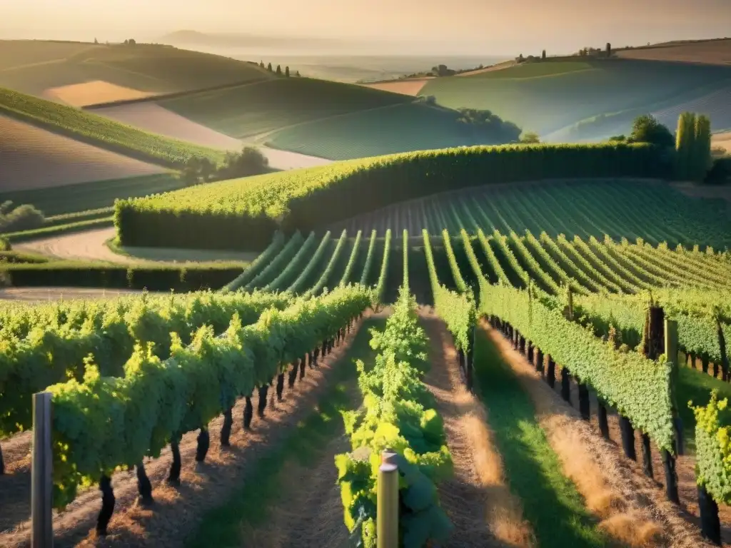 Paisaje idílico de viñedo en Francia con viticultores recolectando uvas al atardecer