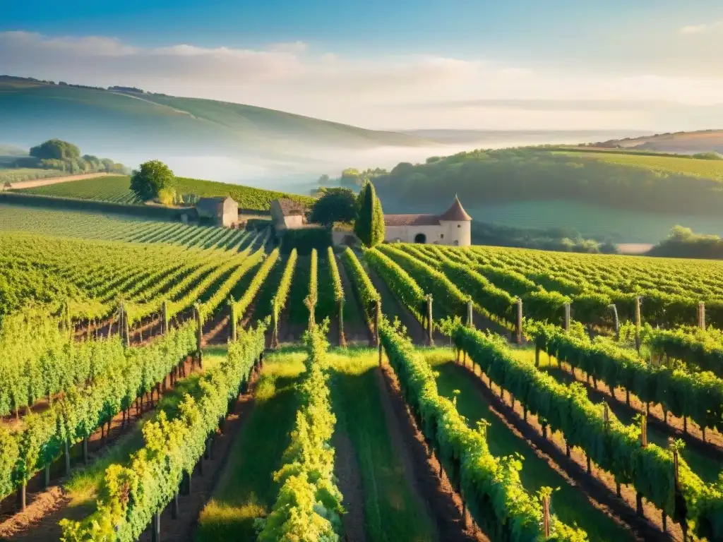 Un paisaje idílico de viñedos en la campiña francesa, con viticultores practicando vinificación biodinámica en gastronomía francesa