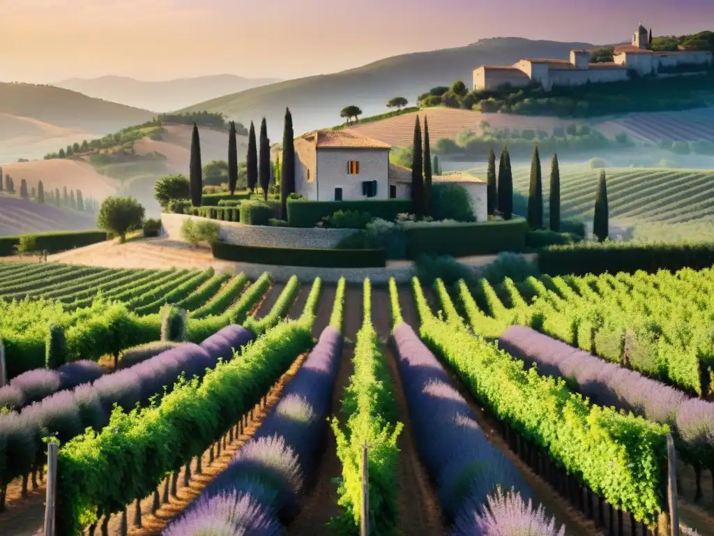 Un paisaje idílico de los viñedos de la Provenza, Francia, con un chateau tradicional y campos de lavanda en flor