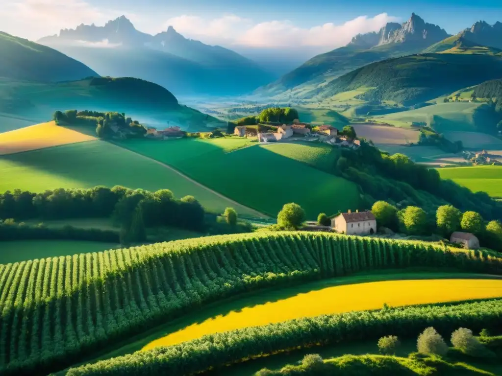 Un paisaje impresionante de la campiña francesa con vacas pastando, pueblos de piedra y montañas nevadas al fondo