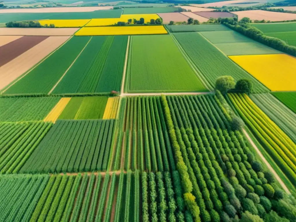 Paisaje impresionante de campos coloridos en la campiña francesa, mostrando agricultura sostenible en Francia