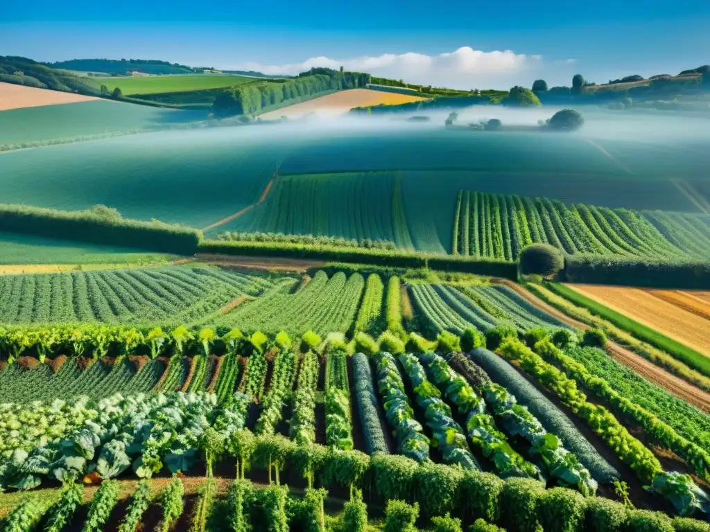 Un paisaje impresionante de cultivo de verduras en Francia, con campos verdes y vegetales vibrantes bajo el cielo azul