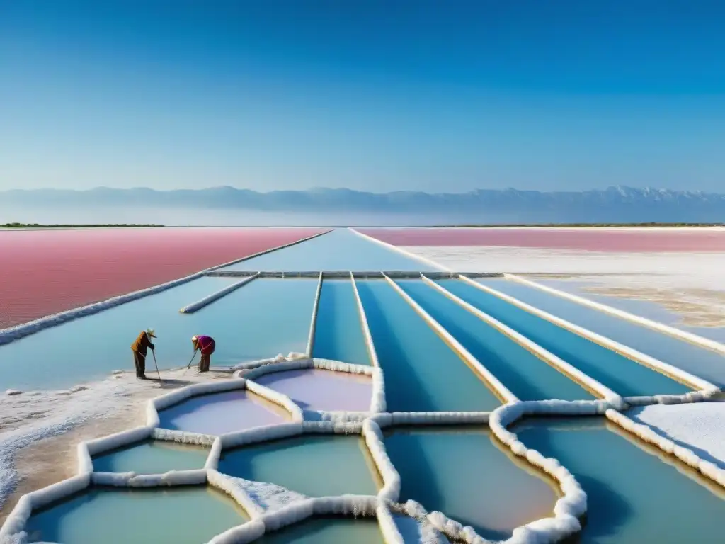 Un paisaje impresionante de las vibrantes salinas rosadas de Camarga, Francia, bajo un cielo azul claro