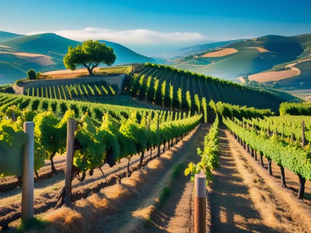 Un paisaje impresionante de viñedo antiguo en Languedoc, Francia, evocando la tradición vinícola de la región