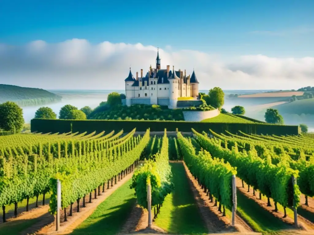 Un paisaje impresionante de un viñedo en el Valle del Loira, Francia, con un castillo histórico y vides verdes