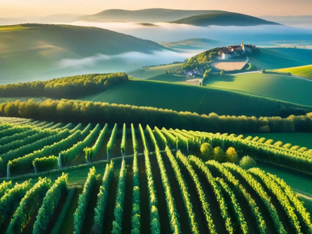 Un paisaje impresionante de los viñedos de la región de Jura en Francia al atardecer, destacando los vinos blancos franceses menos conocidos