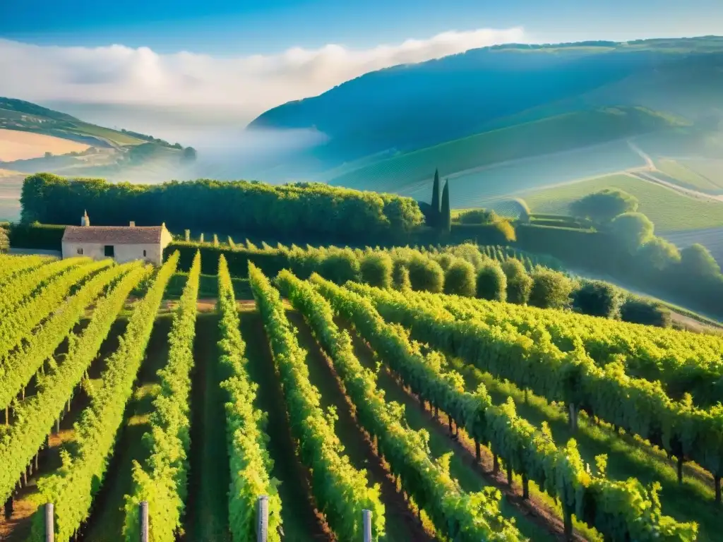 Un paisaje impresionante de viñedos en la campiña francesa, con colores vibrantes y un château histórico al fondo