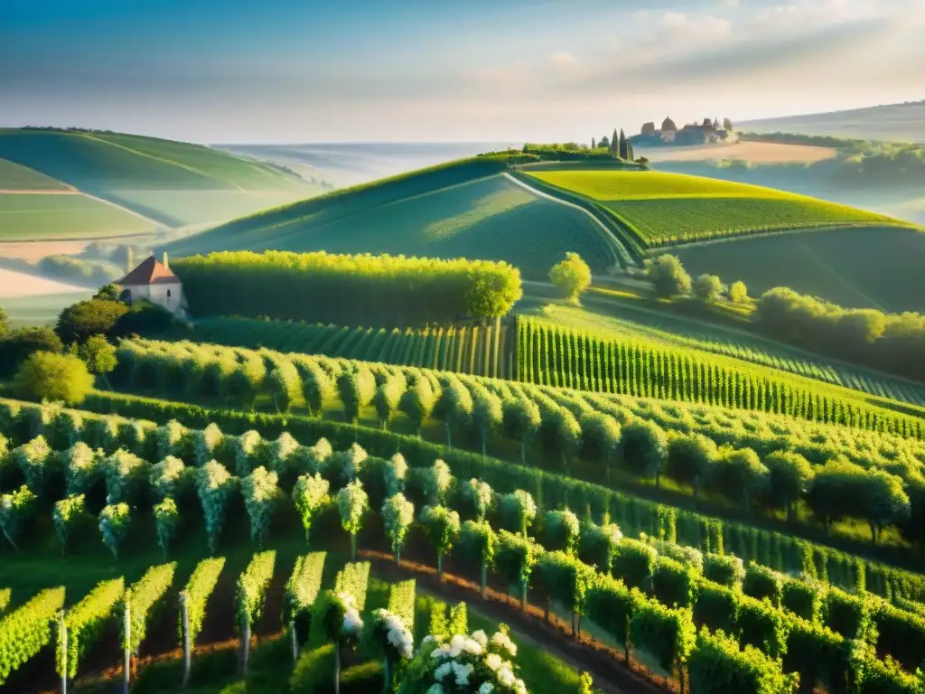 Un paisaje impresionante de los viñedos de Champagne, Francia, con sus tonos verdes y bodegas encantadoras