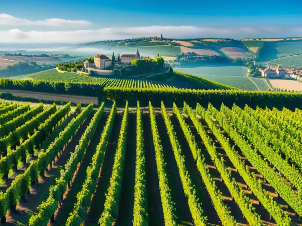 Un paisaje impresionante de viñedos en las colinas de Bordeaux, Francia, con un majestuoso chateau y un río sereno reflejando la belleza de la región