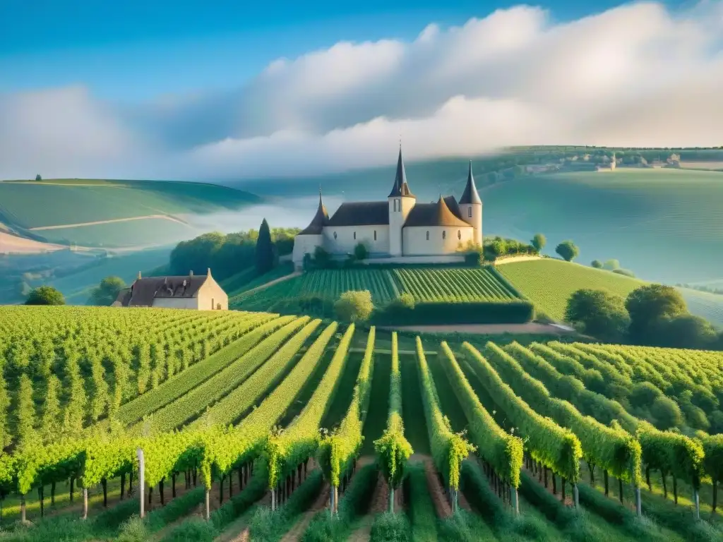 Un paisaje impresionante de viñedos en la icónica región vinícola francesa de Borgoña, con vides verdes organizadas en colinas bajo un cielo azul