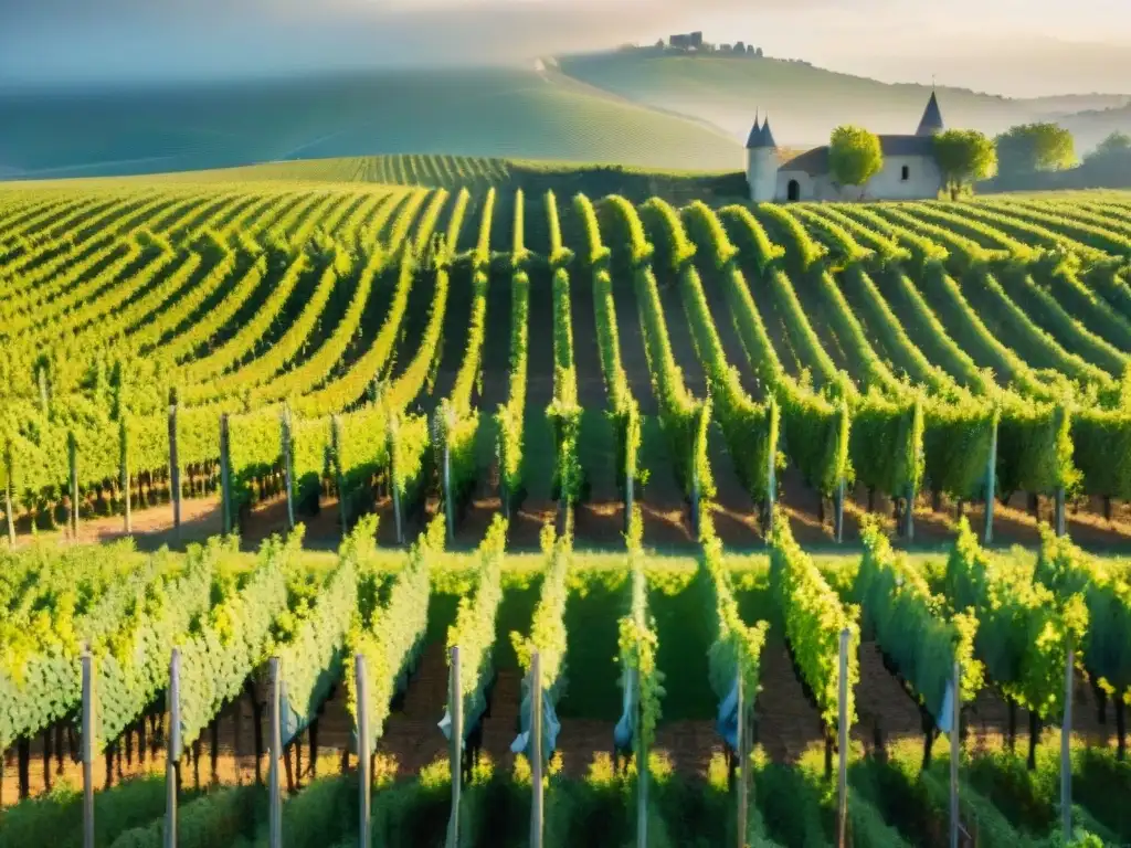 Un paisaje impresionante de viñedos franceses sostenibles, con trabajadores cuidando las vides bajo el sol